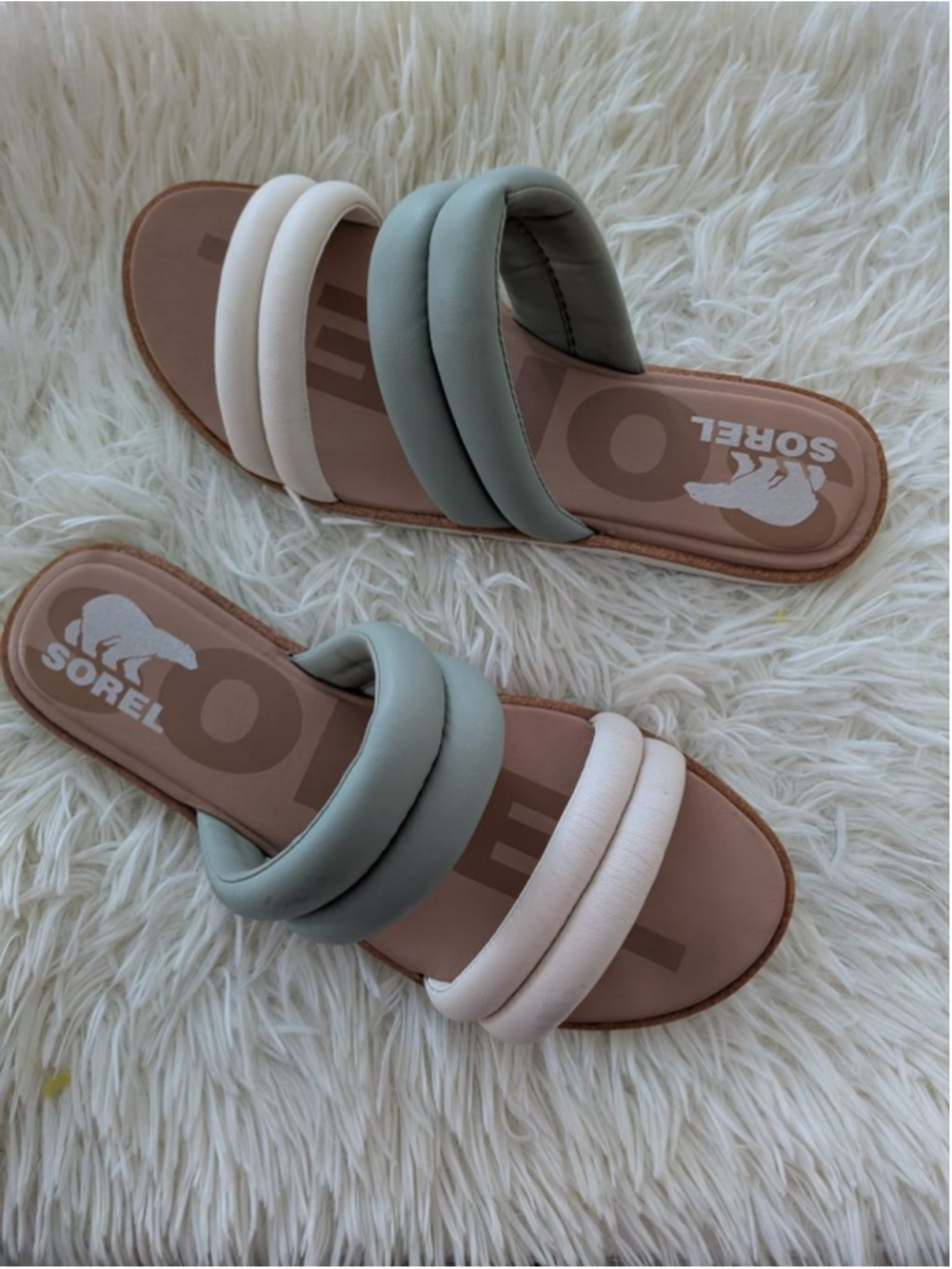 Sorel Ella II Puff Slides Size 8 Sage Green Ivory Padded Sandals - Picture 7 of 12